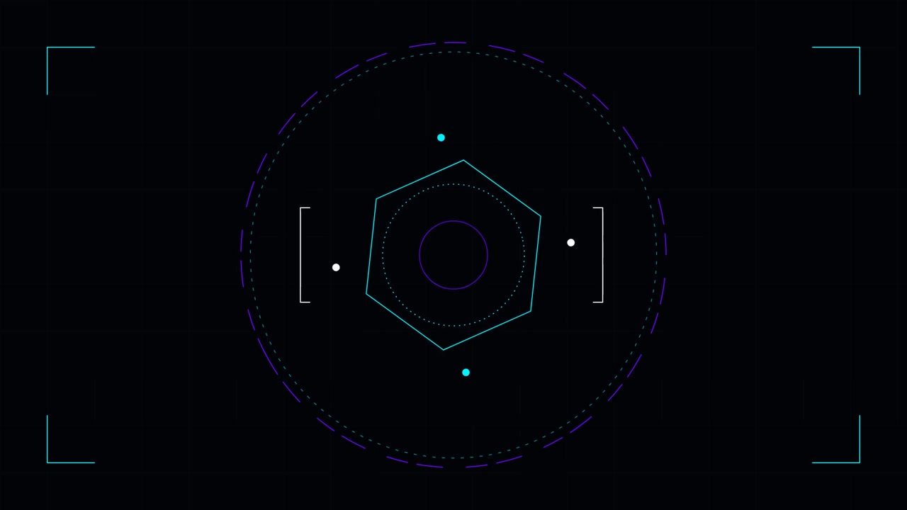Abstract Digital HUD Interface with Rotating Hexagon and Data Points