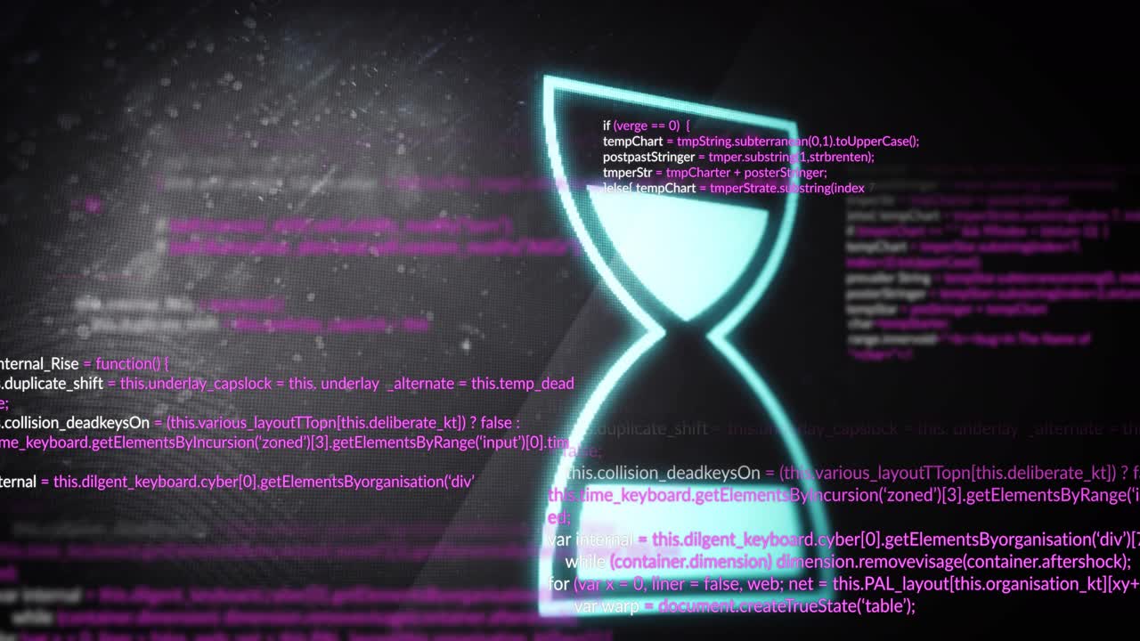 Glowing cyan hourglass pulsing, splitting into triangles as pink code sweeping showing tech data