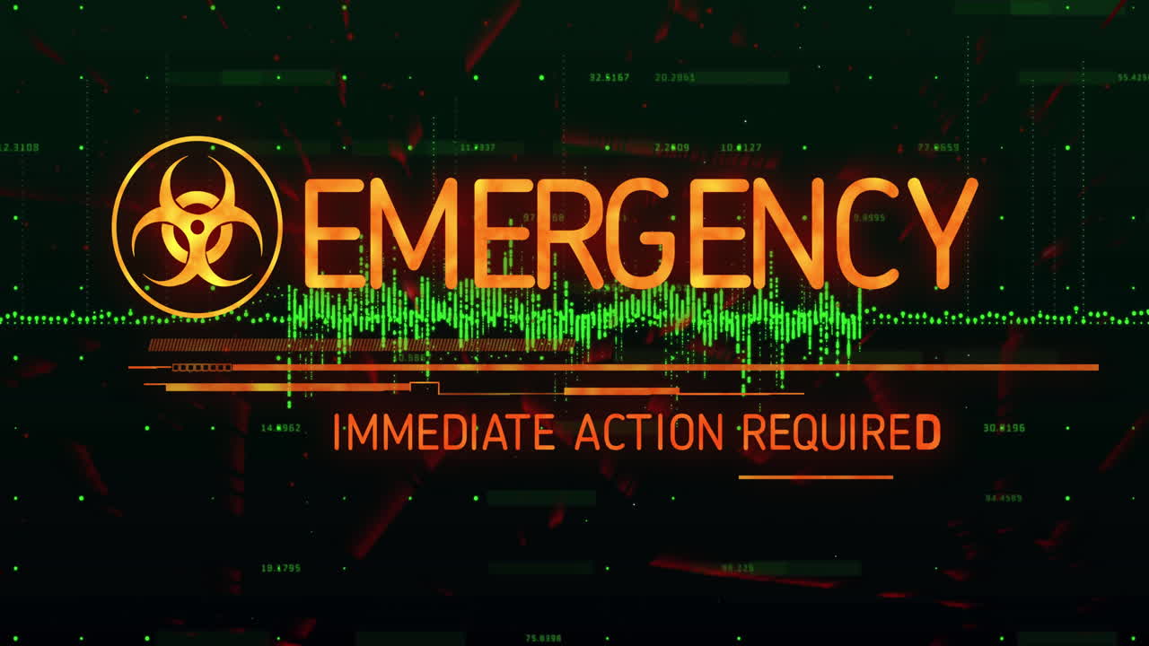 Emergency interface showing biohazard icon glowing and waveform pulsing in flat design glitch style