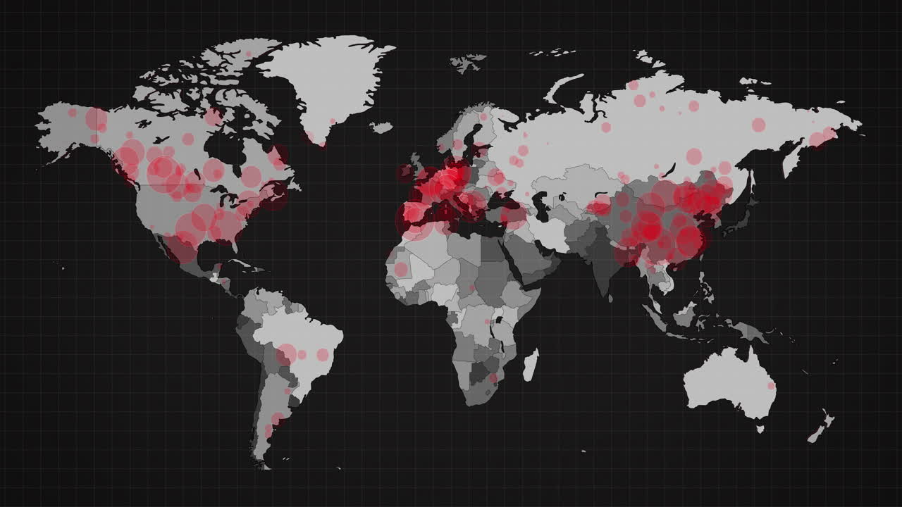 animación del mapa del mundo y los países se vuelven rojos a través de círculos en un fondo oscuro