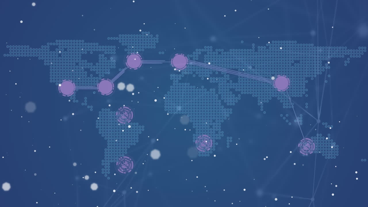 파란색 배경에 세계 지도를 가진 연결 네트워크의 애니메이션