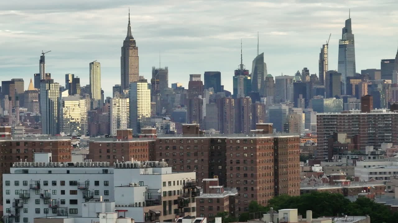 Aerial view of the New York City skyline. Shot on an overcast morning in Bedford-Stuyvesant, Brooklyn