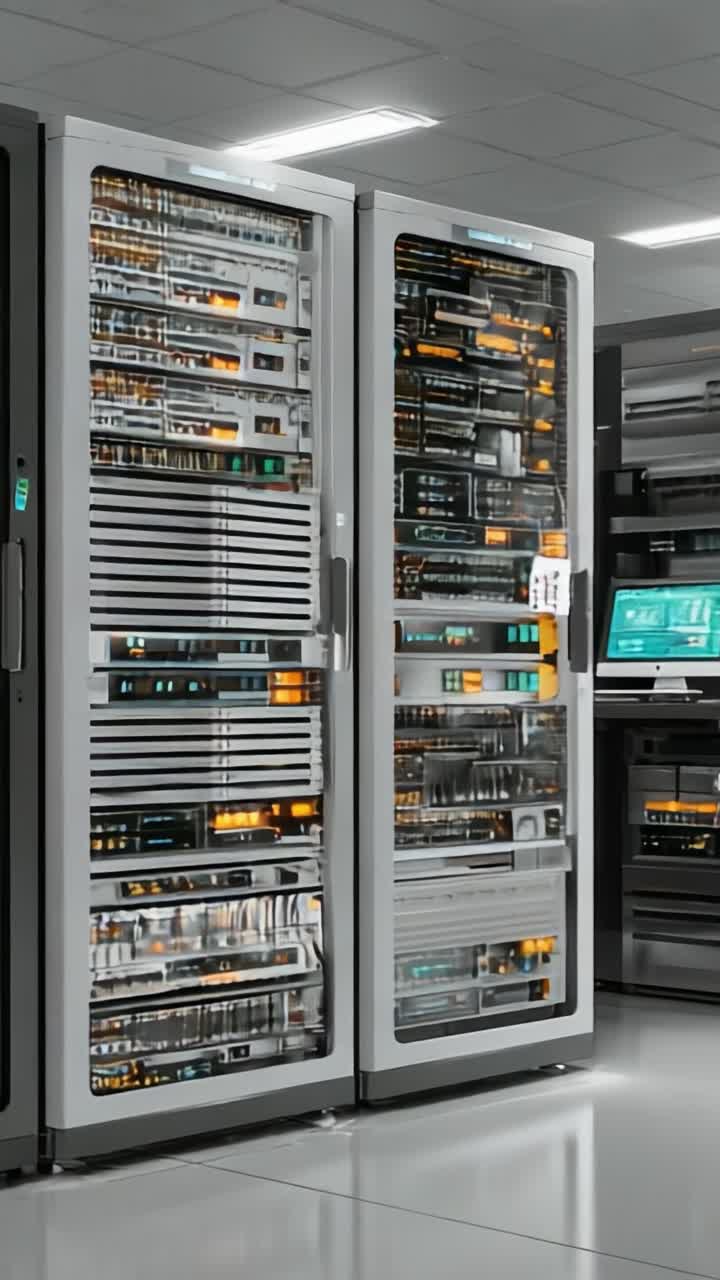 A Modern Data Center with Advanced Server Racks Highlighting High-Tech Components and Organized Architecture in a Controlled Environment