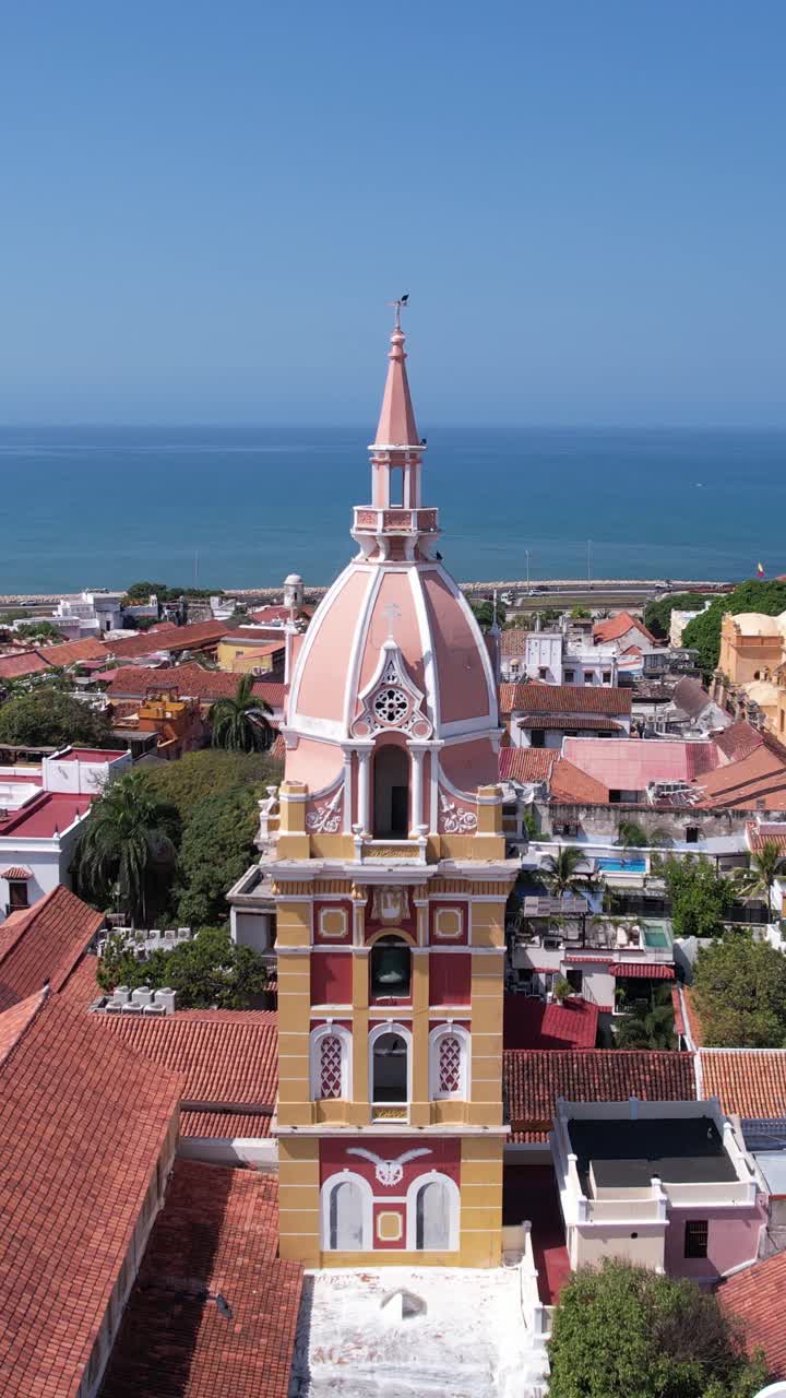 Aerial View of Cartagena's Cathedral Tower and Old Town