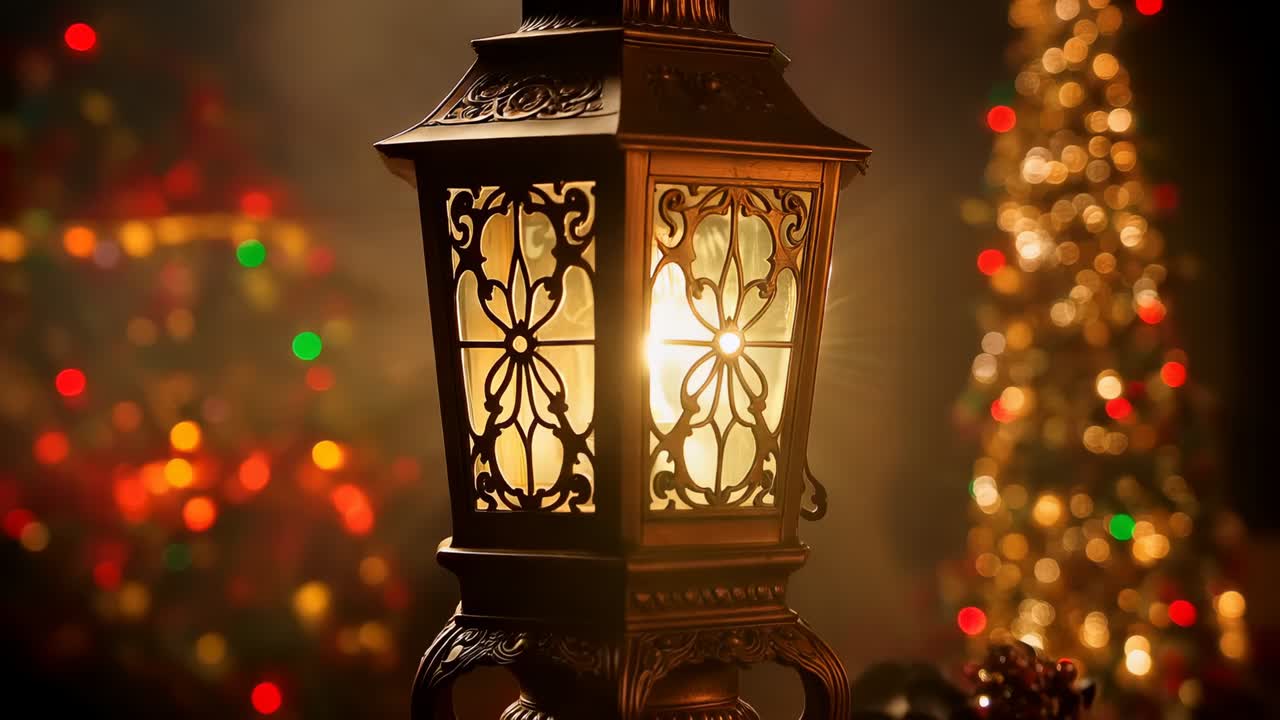 Glowing lantern casting halo, showing filigree as camera moving closer at home, with tree bokeh