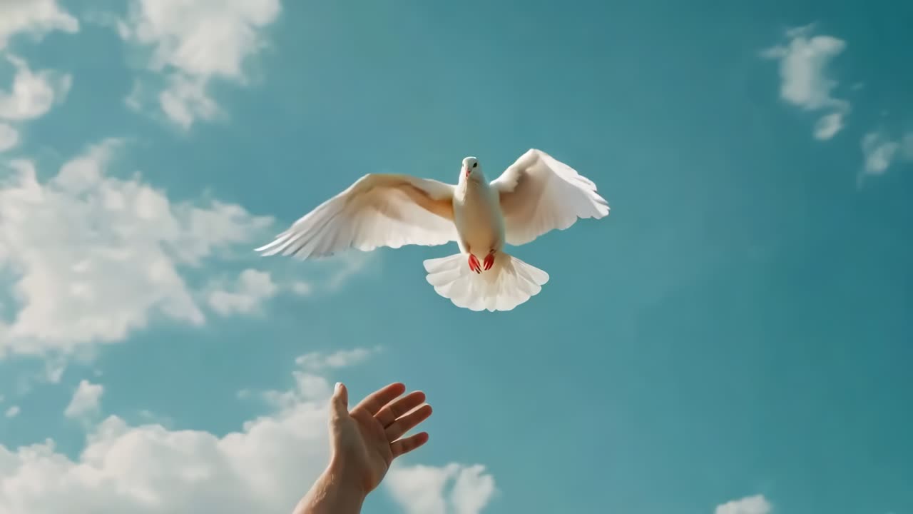 A low-angle video shot captures a white dove soaring against a blue sky, symbolizing freedom