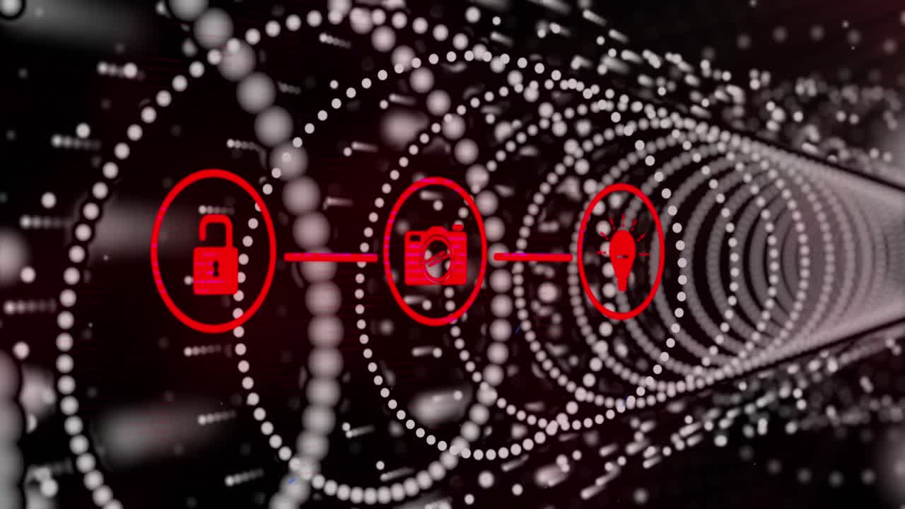 검은색 배경에 아이콘과 데이터 처리를 가진 보안 잠금의 애니메이션