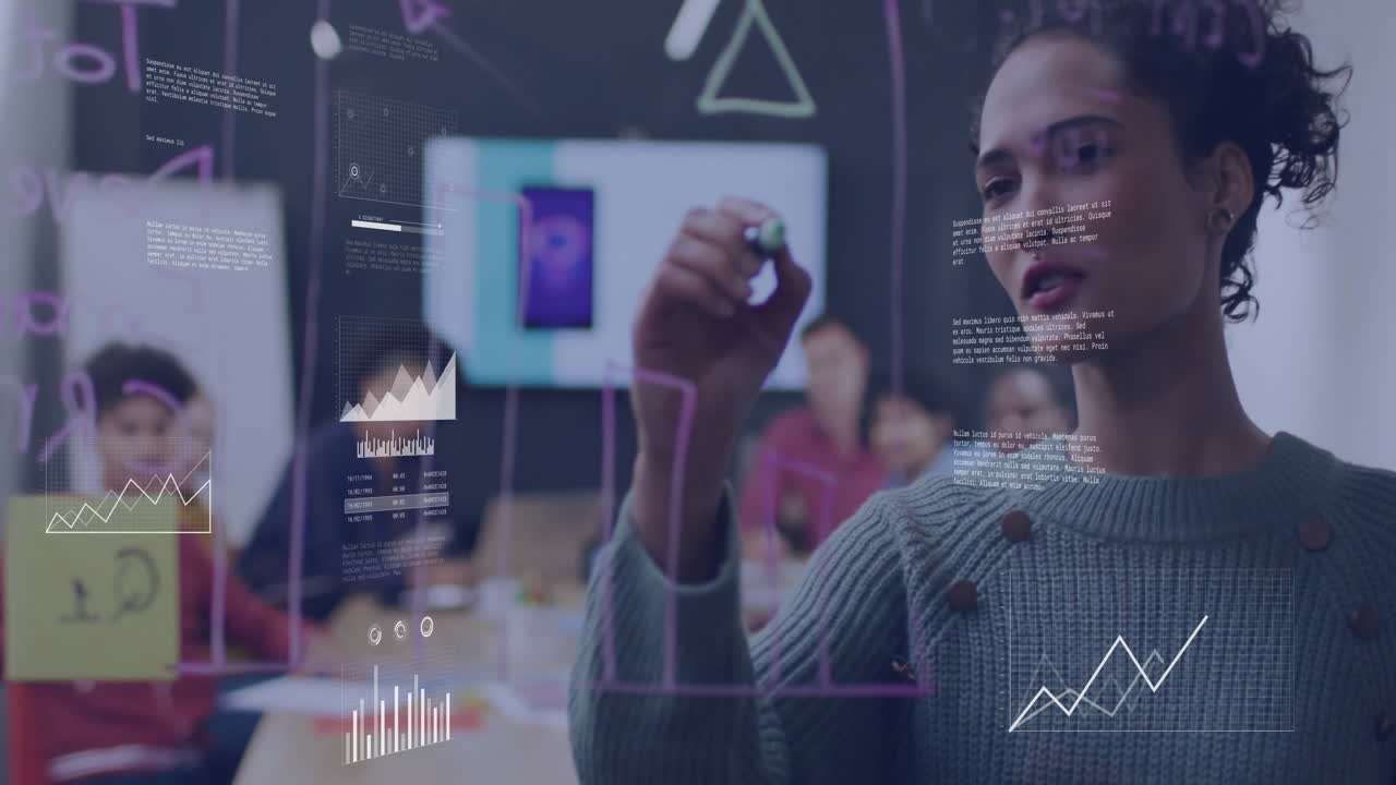 Writing on transparent board, woman with data visualization animation over office meeting