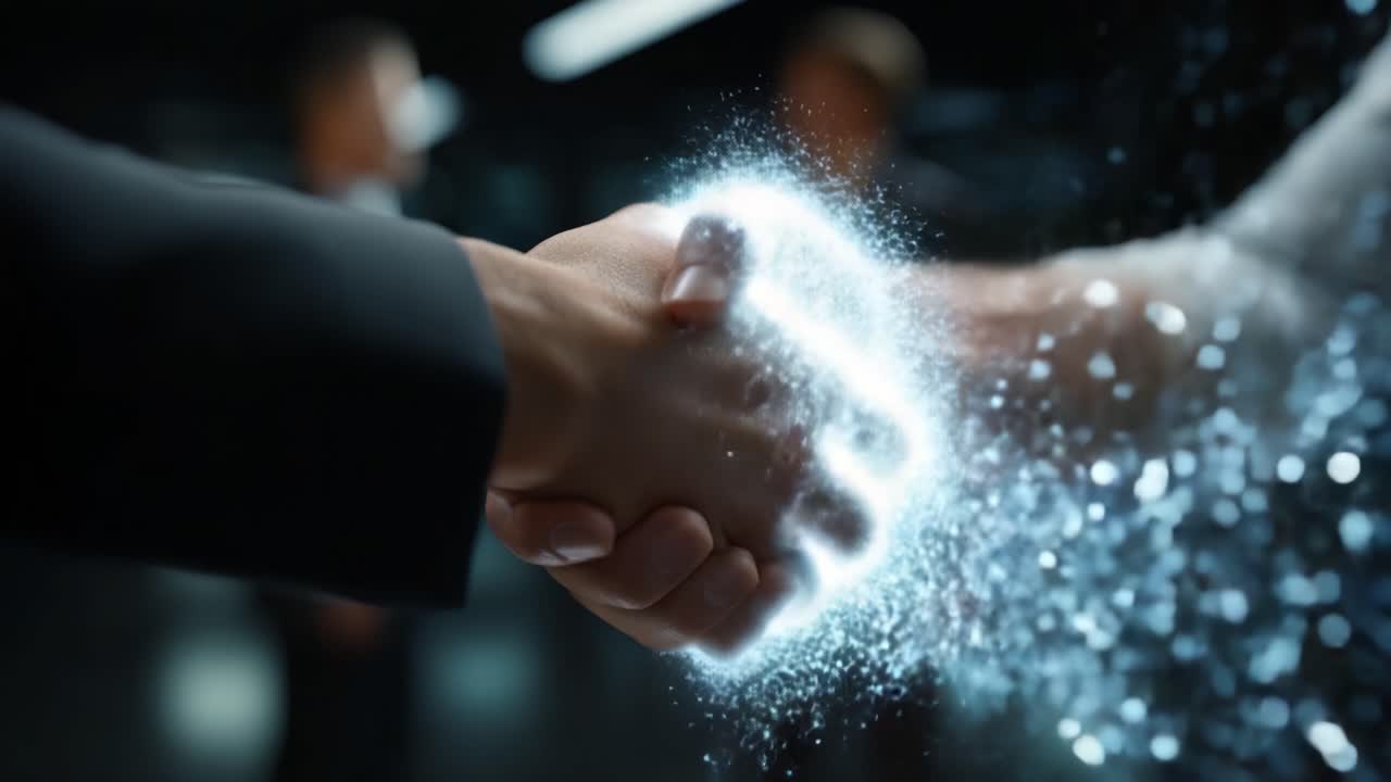 Una stretta di mano dinamica: la fusione di due mondi nel business e nella tecnologia, che mostra la collaborazione e l'innovazione attraverso un fantastico effetto di visualizzazione digitale