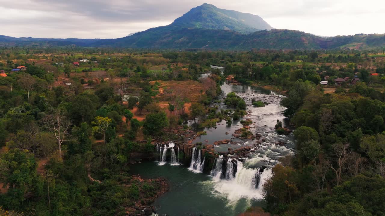 Drone Bolaven Plateau waterfall near Pakse Laos travel destination motorcycle loop