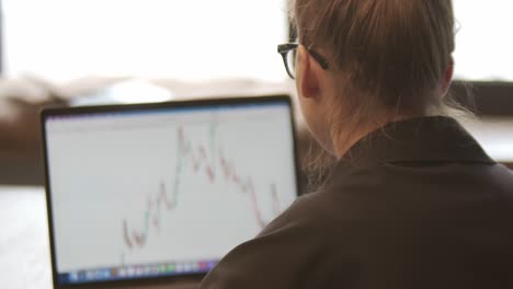 businesswoman with laptop on desk, stock market analysis