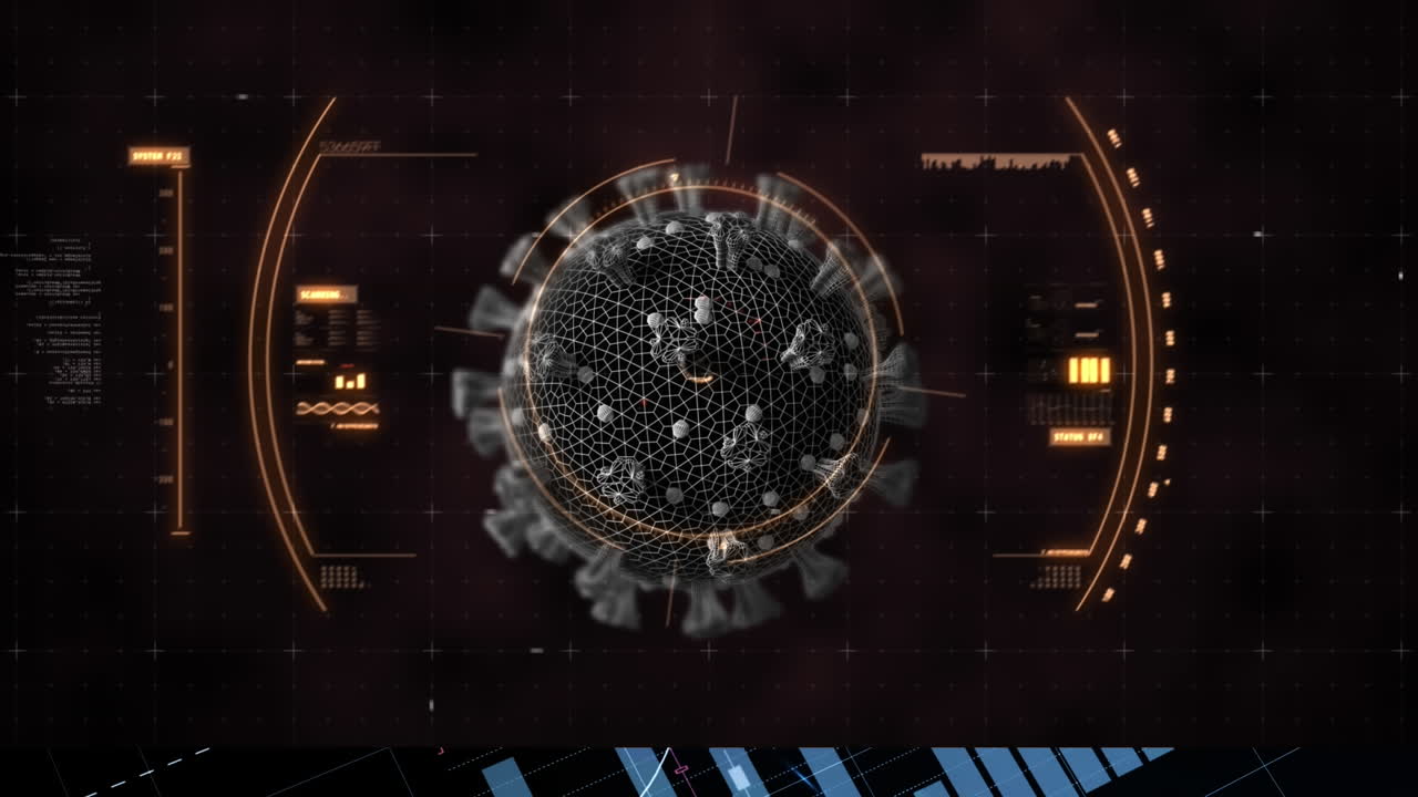 Animation of virus cell over screen with scientific data
