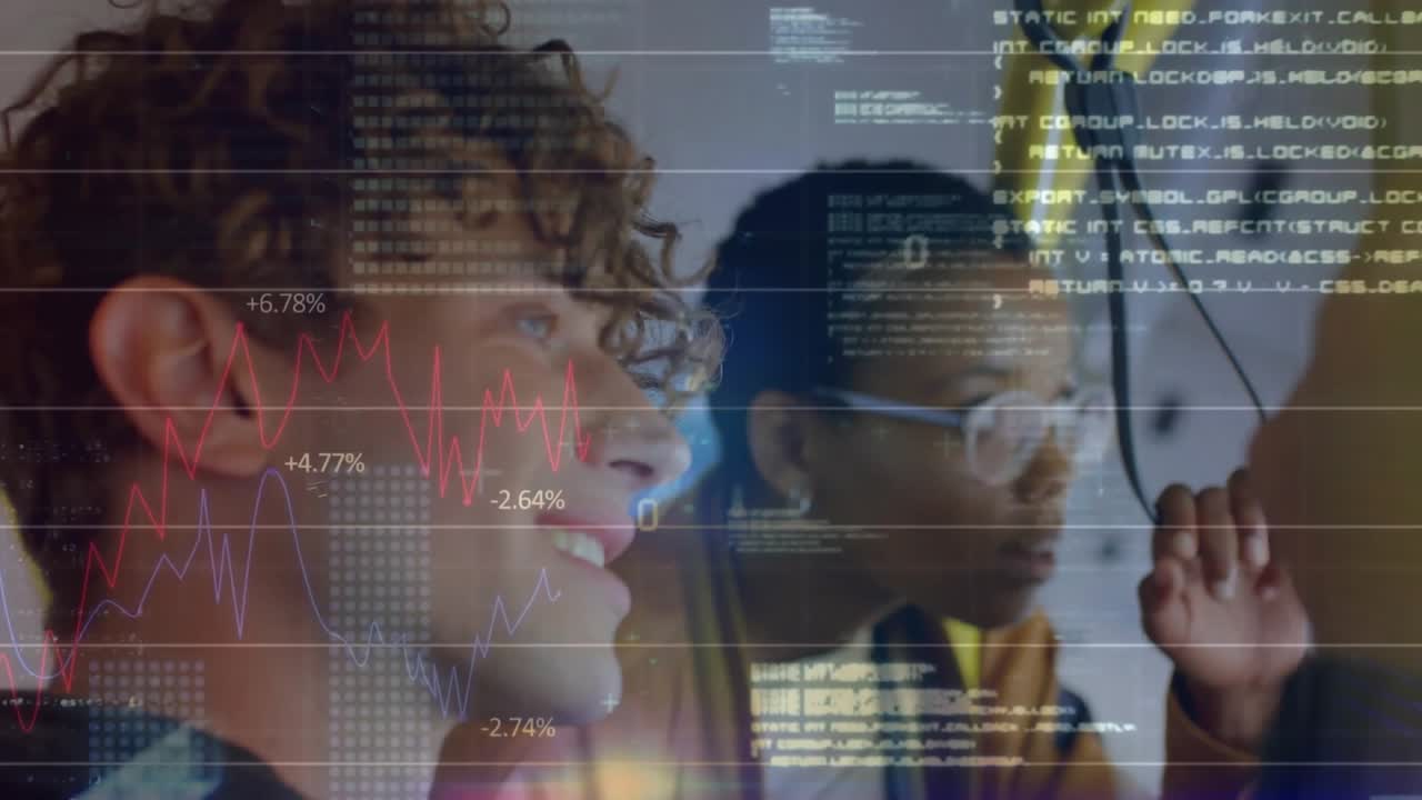 Animation of financial data processing over diverse people on bus