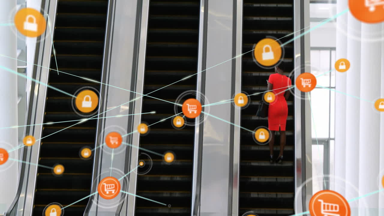 animación de la red de conexiones con iconos sobre personas de negocios en la escalera mecánica