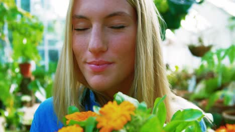 beautiful woman smelling flower