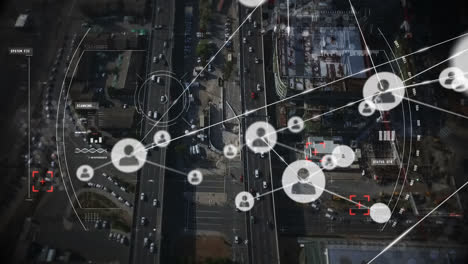 animation of network of connections with icons over cityscape