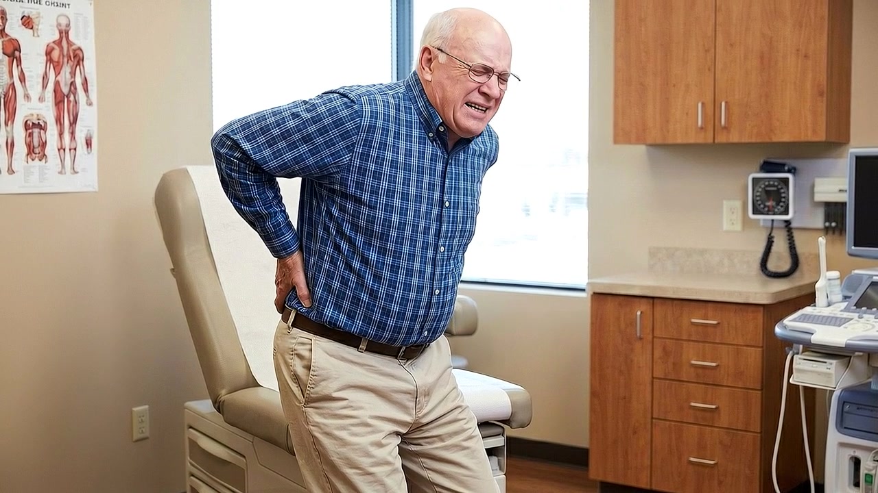 Senior Man Experiencing Back Pain While Sitting on Exam Table