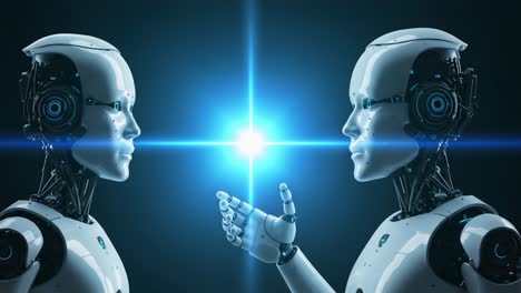 a dramatic encounter between two futuristic robots connecting through energy, illuminated by a radiant star reflection for a captivating visual exchange