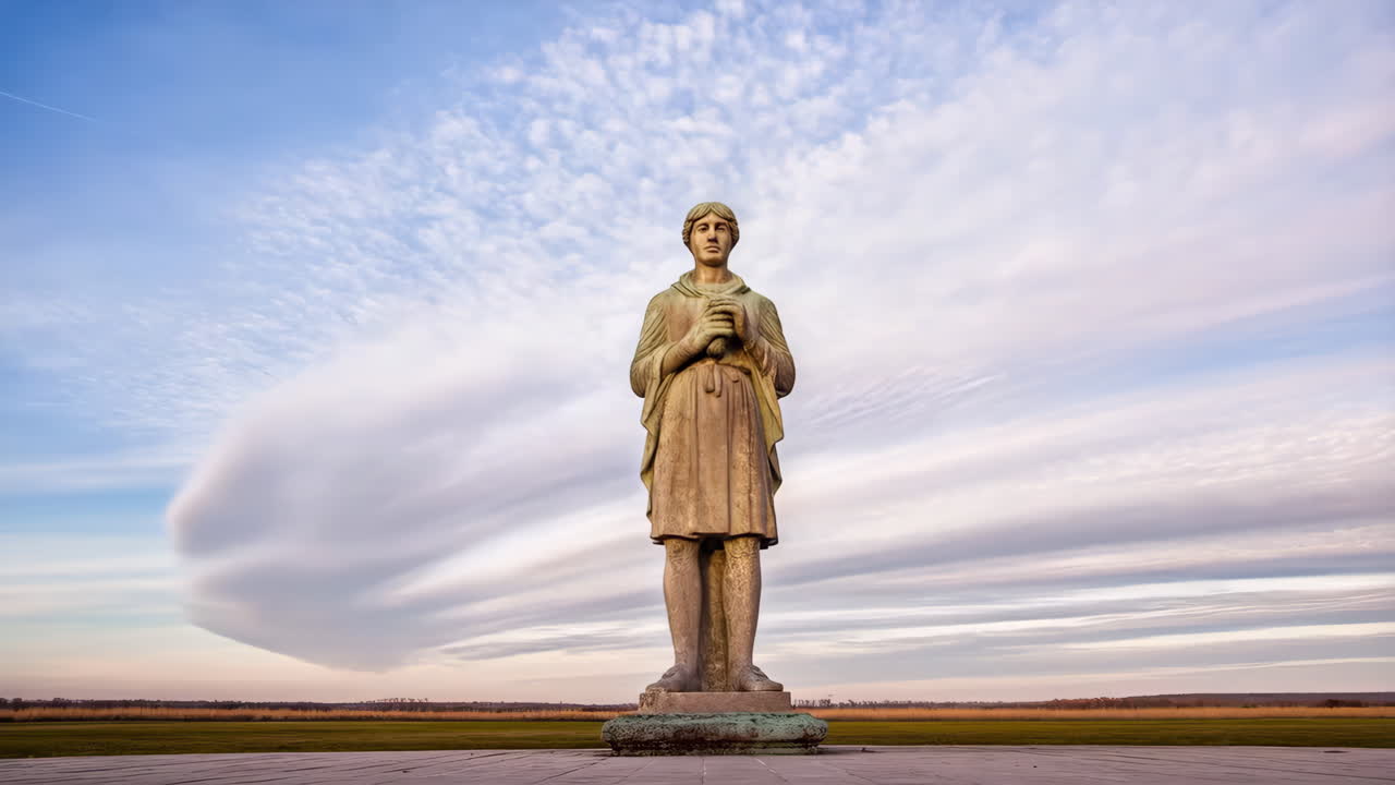 A bronze statue stands under a dramatic cloudy sky