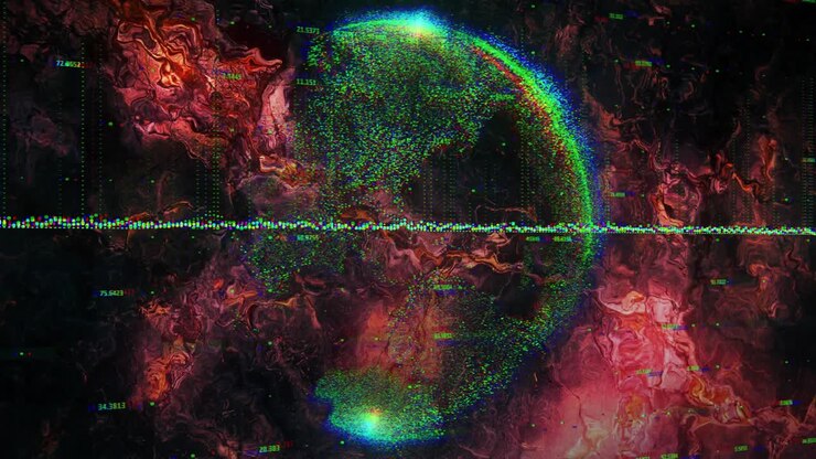 Faint data dots emerging from right forming pulsing hemisphere flickering line to visualize cycle