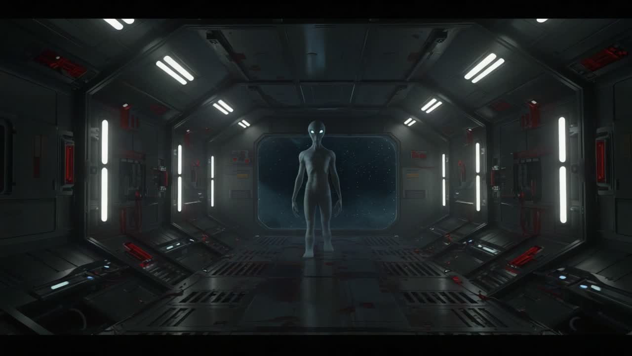 A Mysterious Encounter in a Futuristic Spacecraft: An Alien Figure Stands in an Abandoned Corridor, Surrounded by High-Tech Machinery and Ethereal Space Views