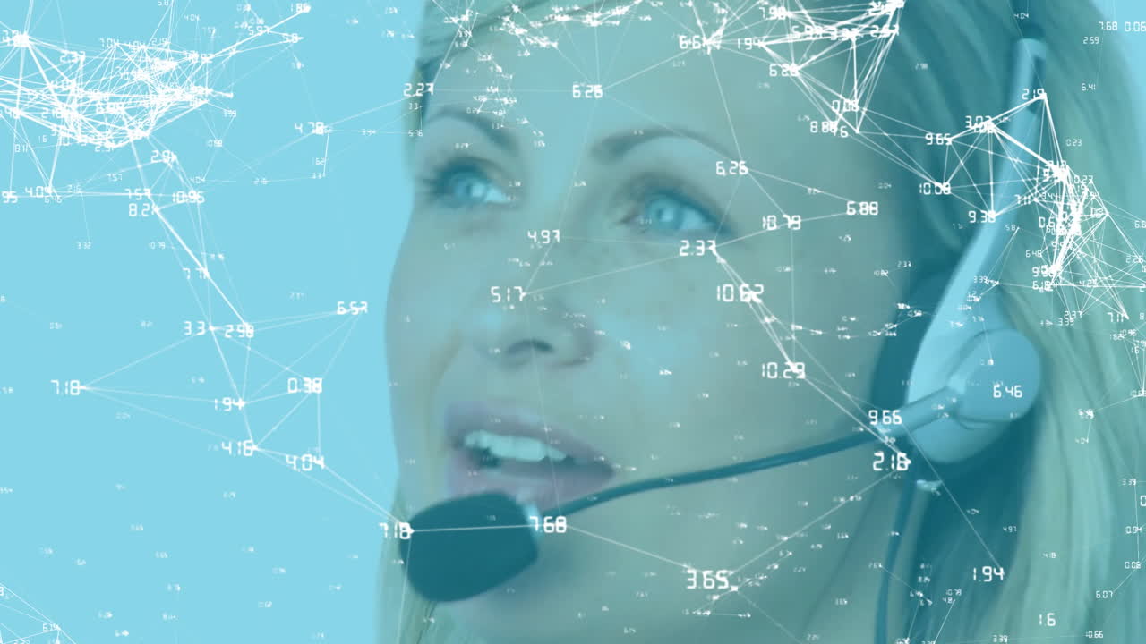 Network connections and data points animation over woman wearing headset
