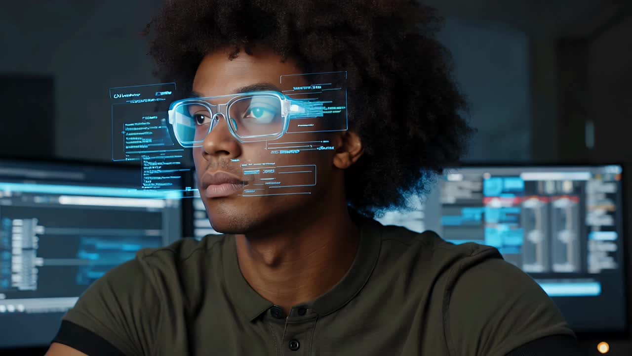 Young Man with Futuristic Glasses and Holographic Data Interface