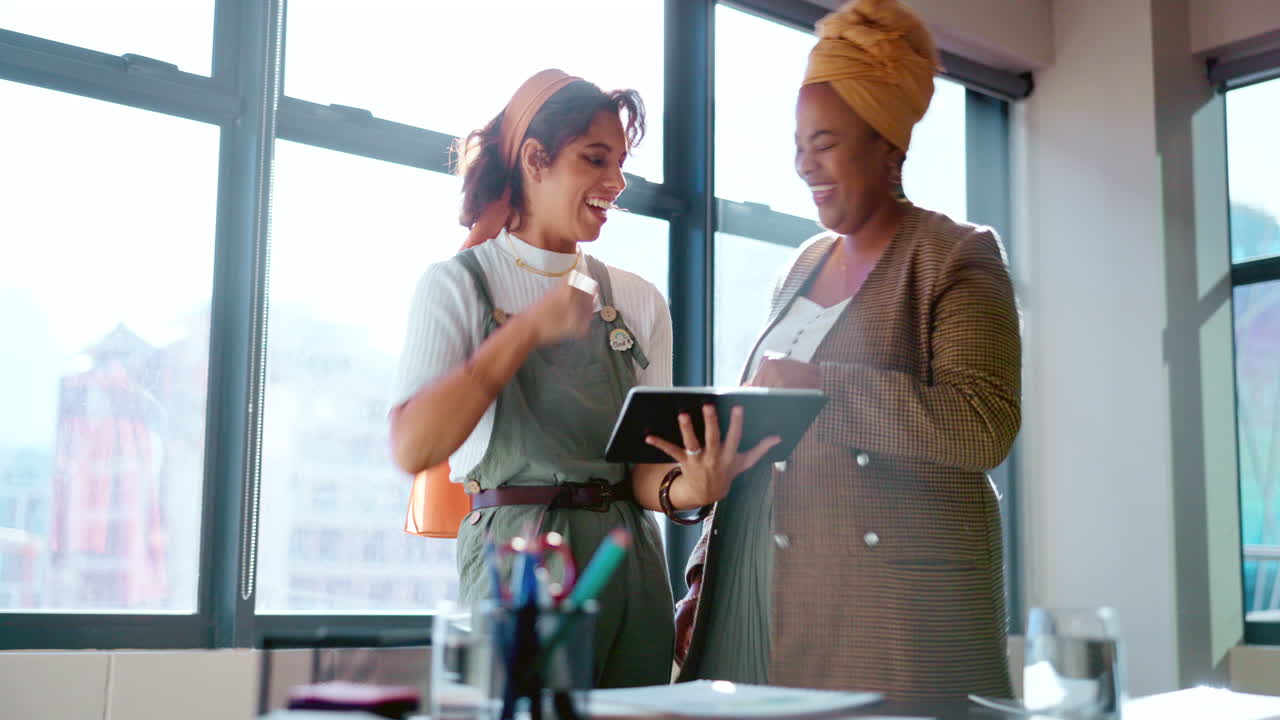 Digital tablet, women and marketing team doing