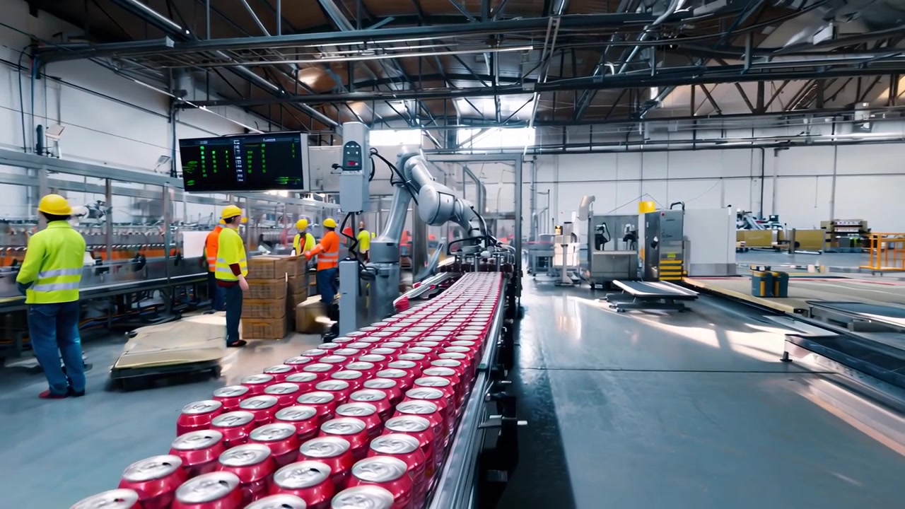 Línea automatizada de enlatado de bebidas en una fábrica moderna