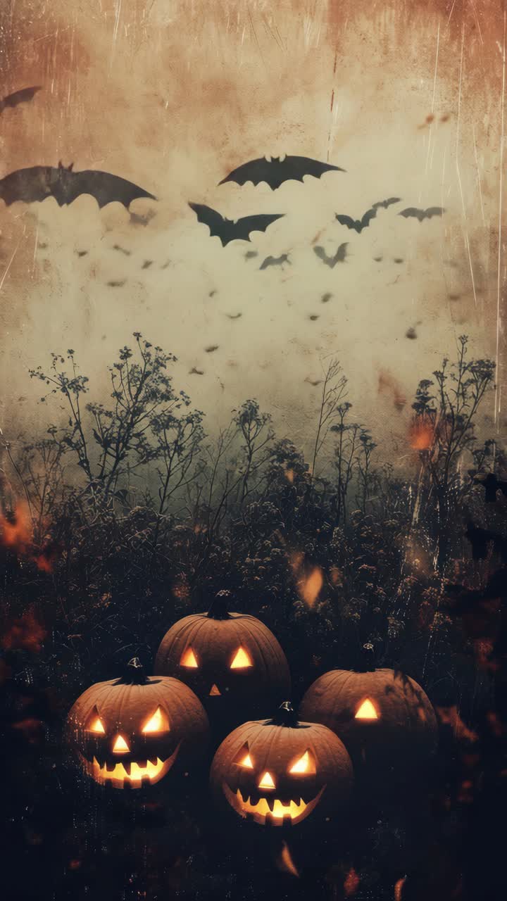 Eerie Halloween scene with carved pumpkins glowing in a misty field