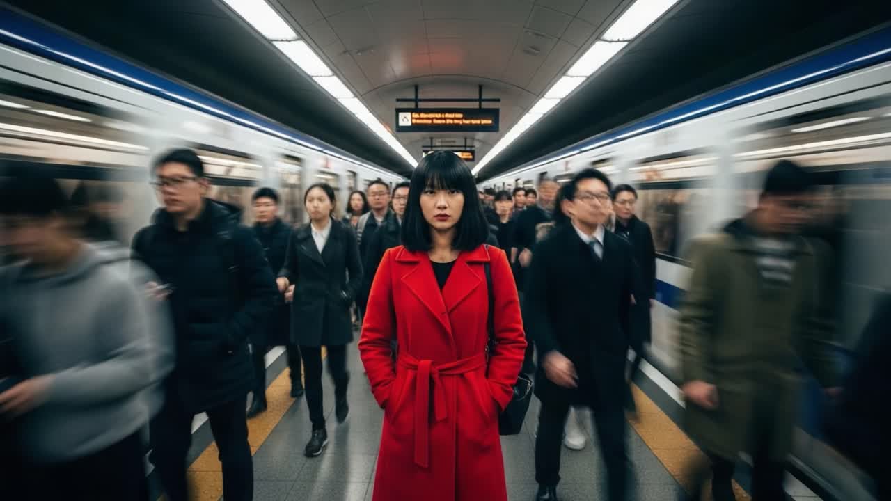 Woman in Red Coat on a Busy Subway Platform