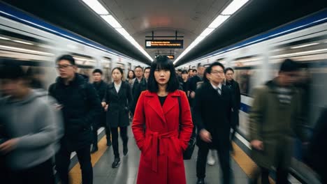 woman in red coat on a busy subway platform