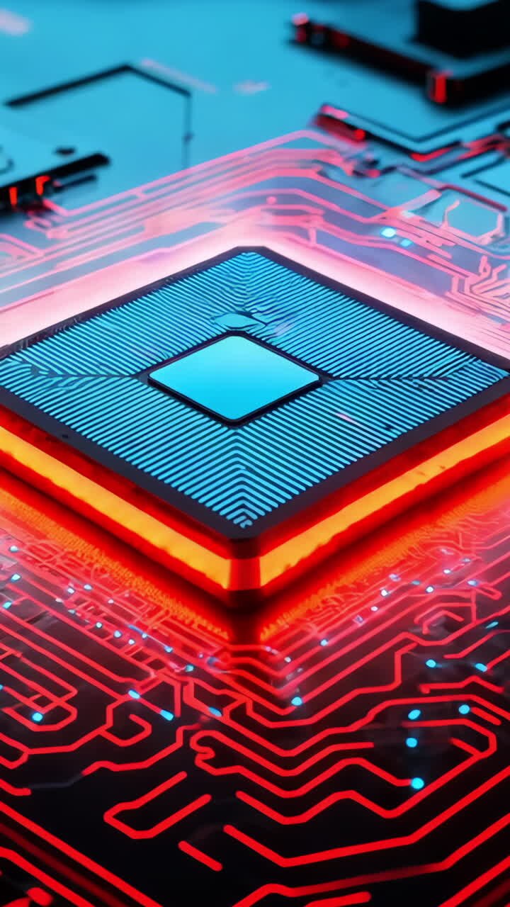 A computer chip is shown in a blue and red color scheme. The chip is surrounded by a cityscape, with buildings and other electronic components