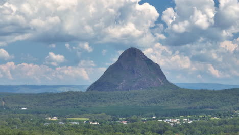 Telephoto-Drone-View-Of-Mount-Tibrogargan,-Glasshouse-Mountain-In-Countryside-Australia,-Sunshine-Coast-4K