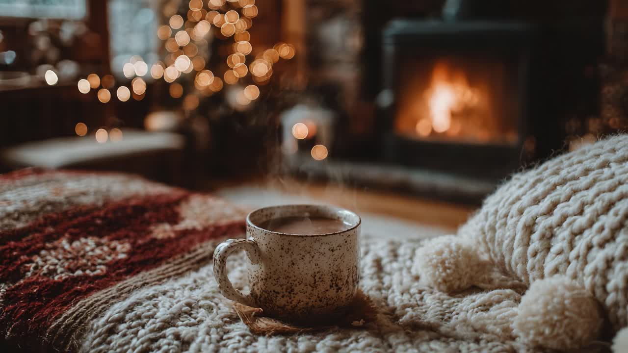 A Cozy Winter Evening Scene Featuring a Warm Cup of Steaming Beverage, Soft Knit Blanket, and a Fireplace with Soft Glowing Lights for Relaxation