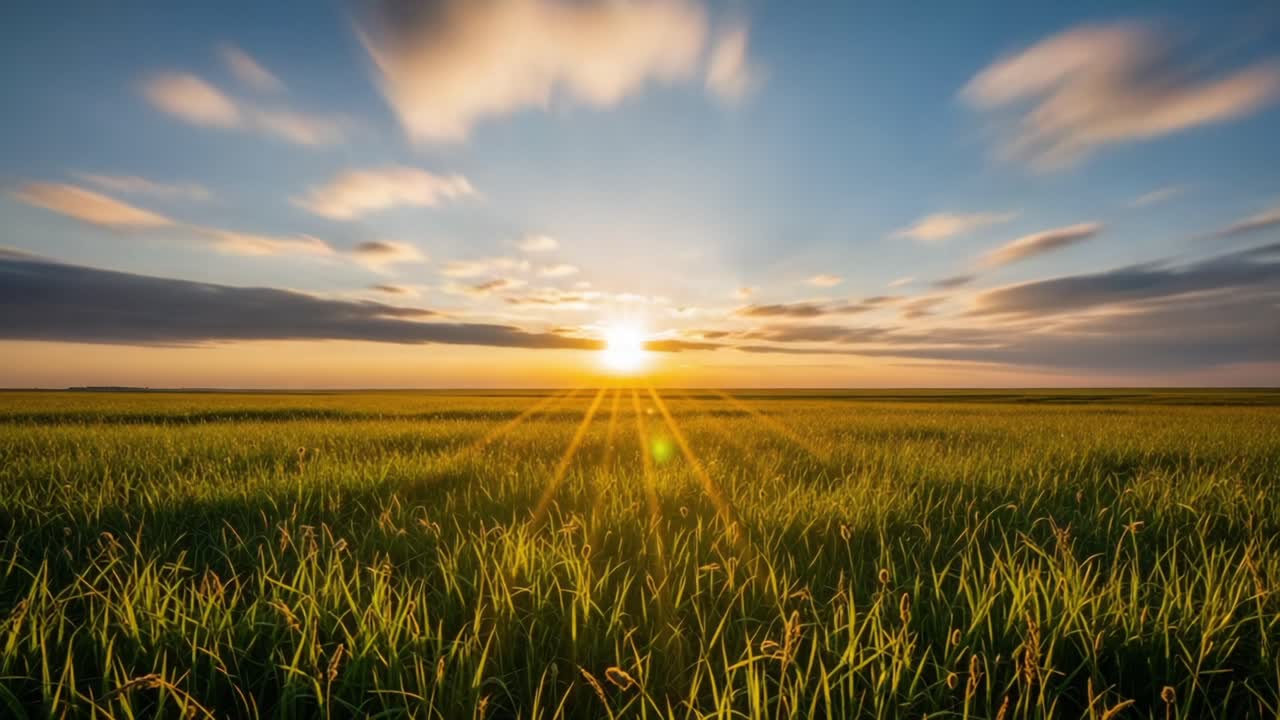 A Breathtaking Sunrise Over a Lush Green Field, Capturing the Golden Ray of Light and Serenity of Nature in Early Morning Hours