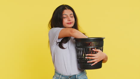 Woman-taking-off,-throwing-out-glasses-into-bin-after-medical-vision-laser-treatment-therapy-surgery