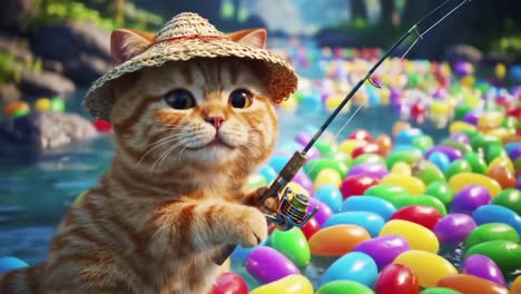 a charming cat in a straw hat enjoys fishing amidst a colorful sea of eggs, capturing the playful essence of nature and fun in a vibrant setting
