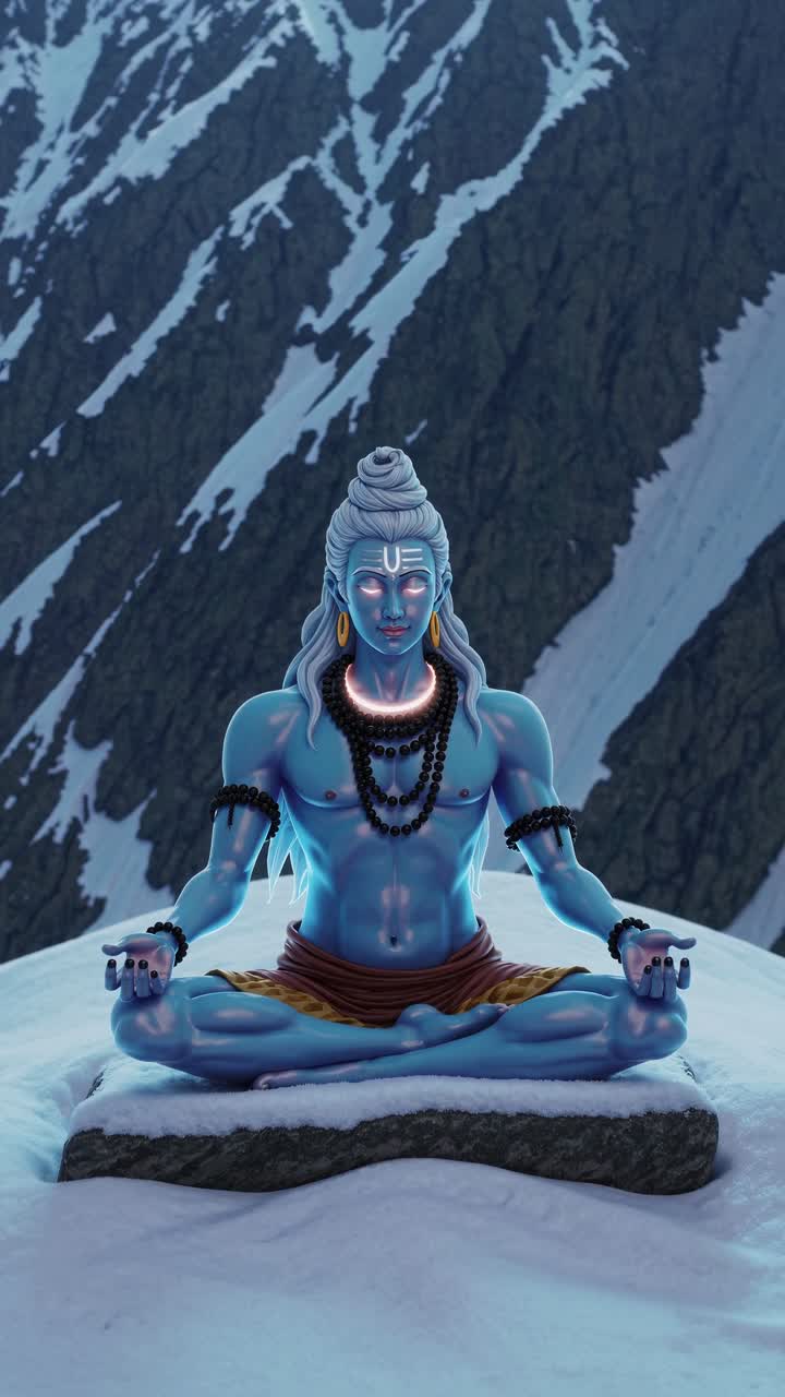 Serene blue skinned deity practicing meditation on snow covered mountain peak, representing spiritual tranquility amid dramatic alpine landscape