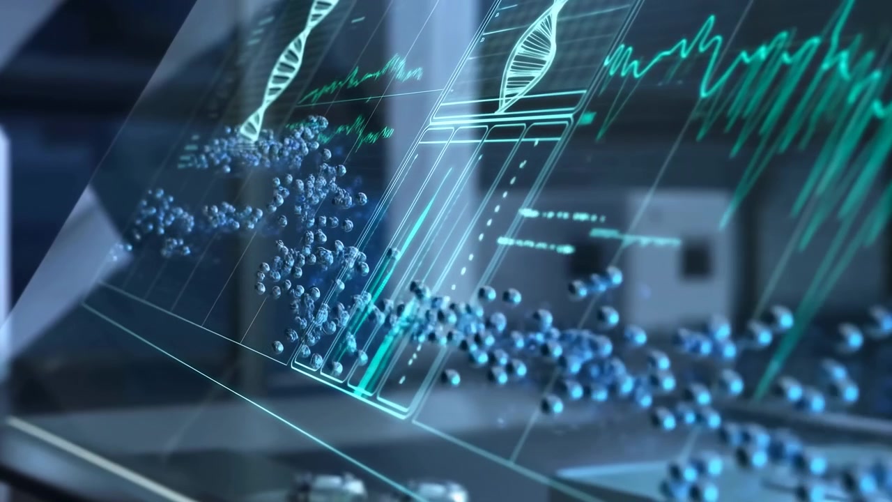 Futuristic Lab Hologram Genome Helix Visualization With Cascading Molecular Particles, Glowing Waveform