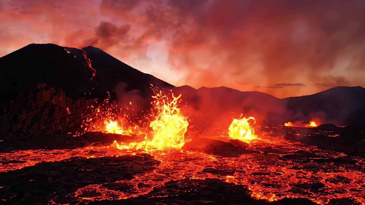 火山噴火の息をのむような光景：夕暮れ時、溶岩が激しく噴出し、暗い雲を燃えるような色で照らす自然の力を目撃する