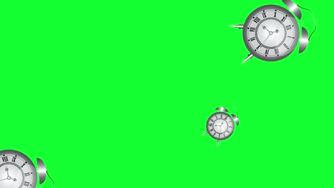 group of animated cartoon vintage old style clocks, green screen chroma key background