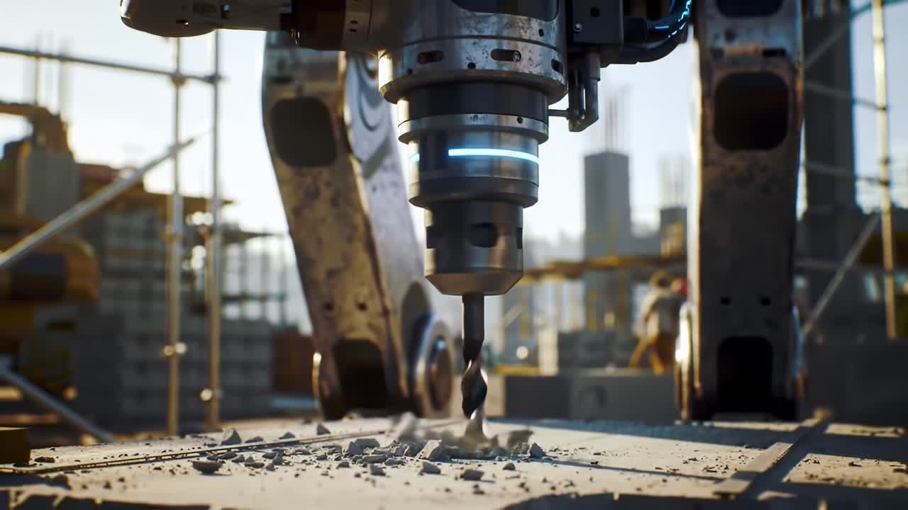 Advanced Construction Robot Drilling Concrete: A Detailed Look at a Robotic Arm's Precision in Modern Construction Sites, Showcasing Technology and Innovation