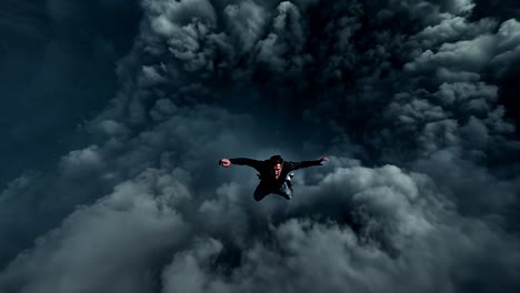 man skydiving through clouds