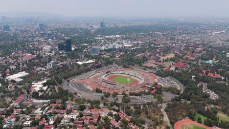high-altitude drone shot of estadio olímpico universitario, south of mexico city