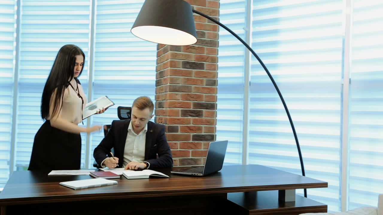 Businessman Placing The Signature. Businesswoman presenting a document to her boss for his signature