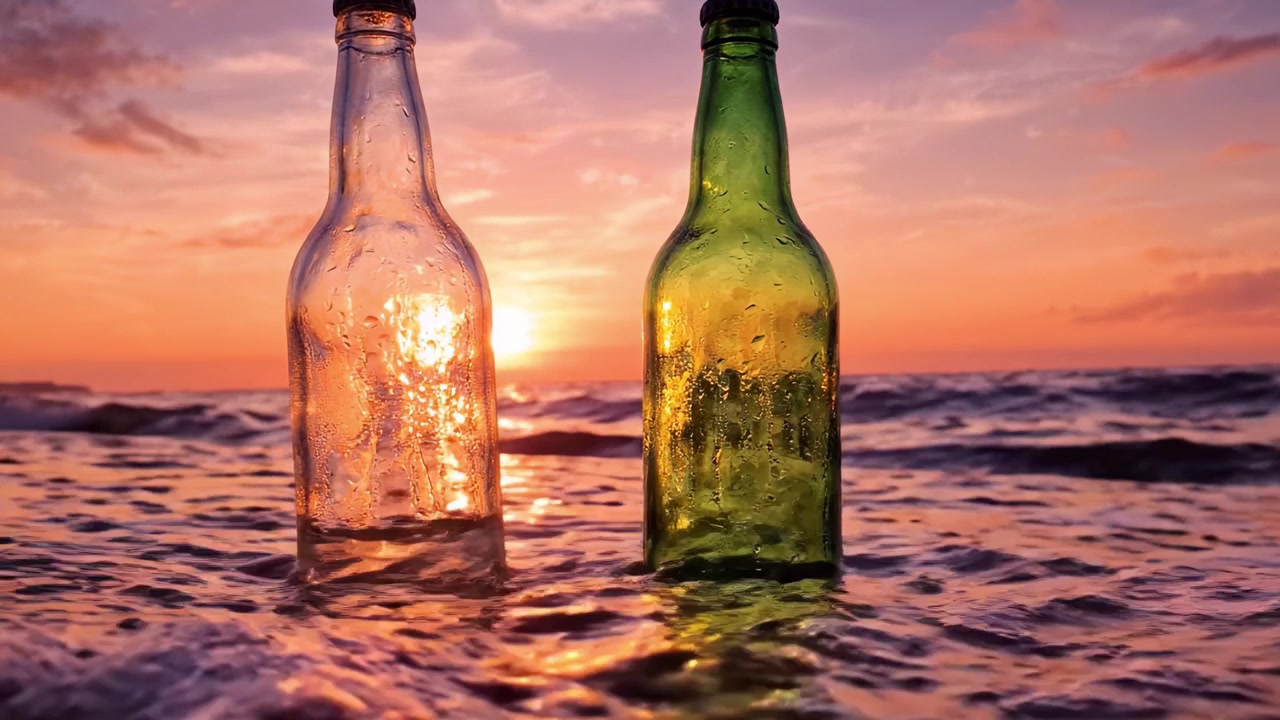 Twee kleurrijke flessen glinsterend in het zachte zonsonderganglicht op een sereen strand, die de warme tinten van de avondlucht en zachtjes rollende golven weerspiegelen