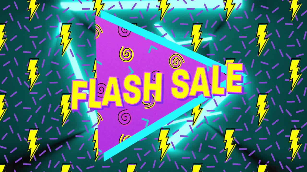 Flash Sale animation with vibrant geometric shapes and lightning bolt patterns