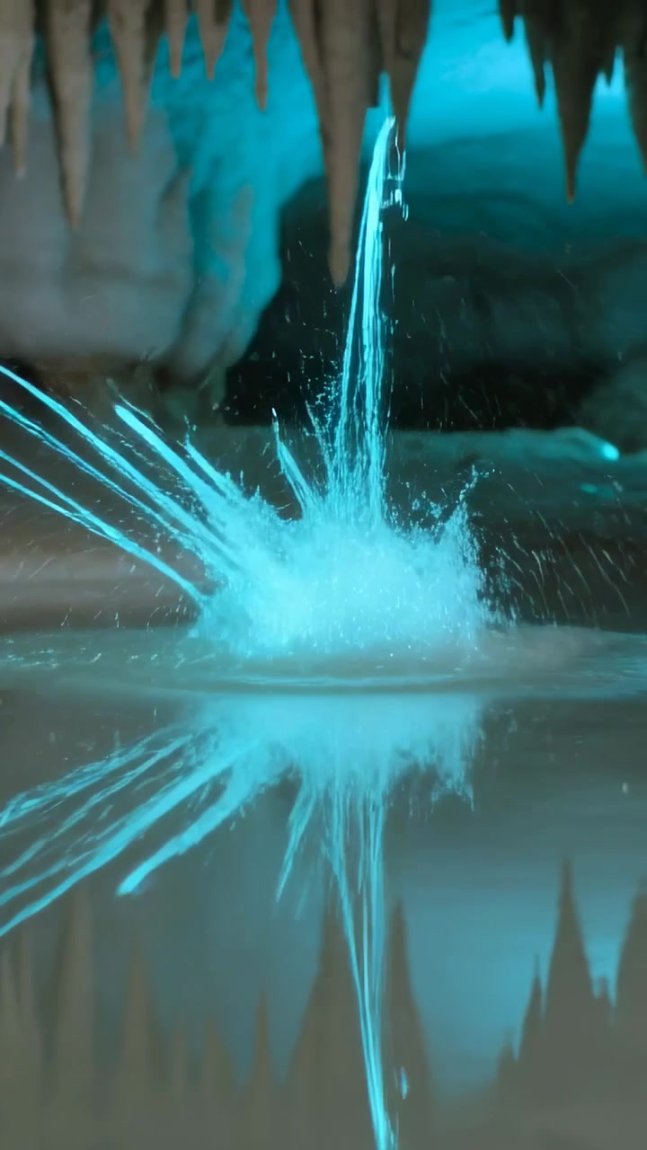 Video vertical: Arco turquesa ascendente formando un chorro de agua brillante en una piscina de cueva, mostrando estalactitas