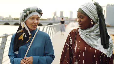 female muslim friends walking on embankment